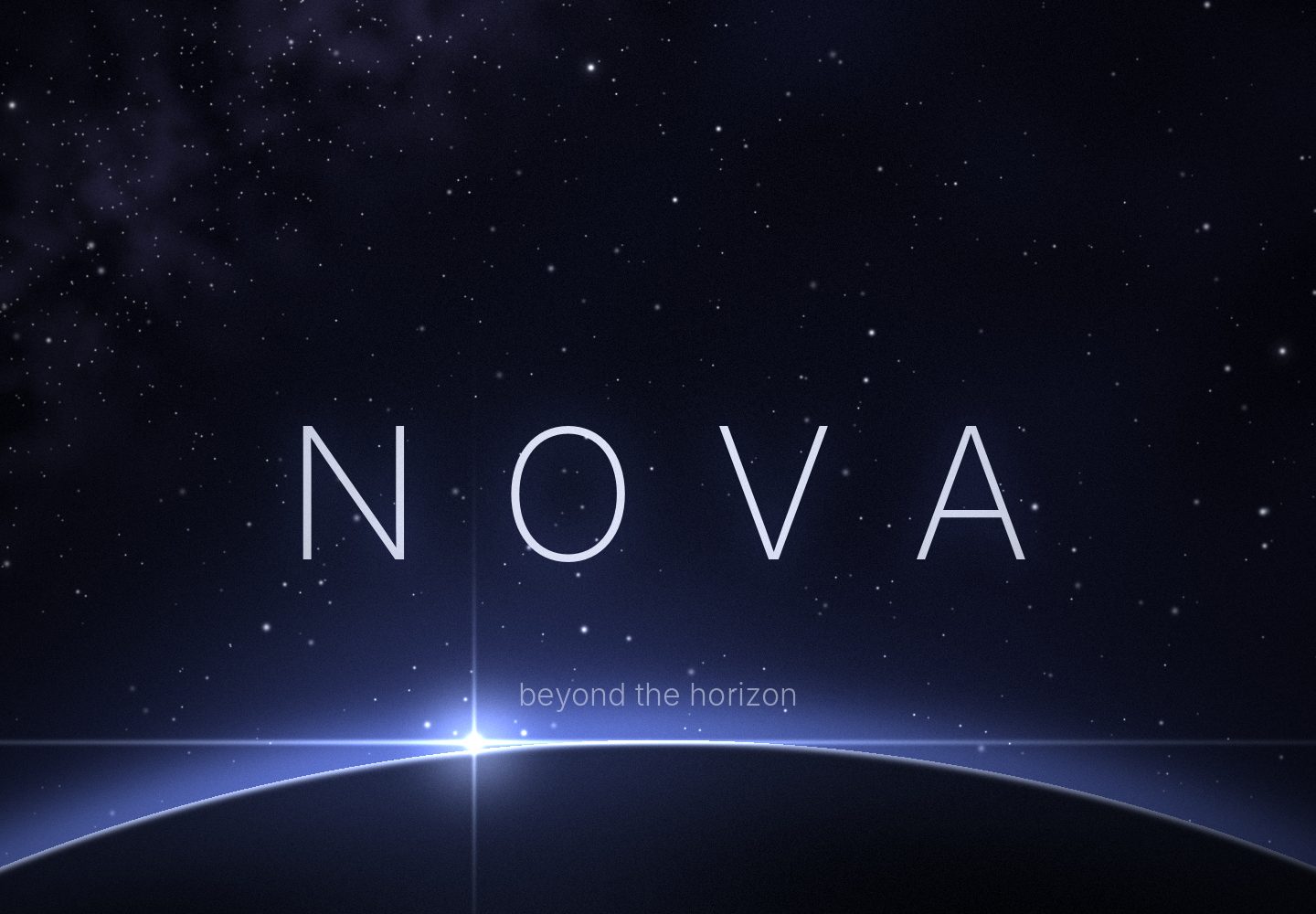 The word NOVA above a dark planet, with a bright star rising over its blue edge